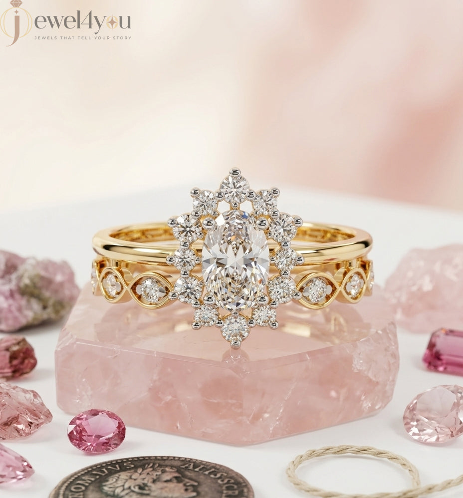 OVAL AND ROUND DIAMOND YELLOW GOLD HALO RING 