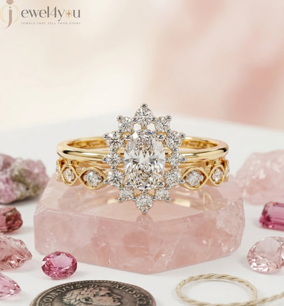 OVAL AND ROUND DIAMOND YELLOW GOLD HALO RING 