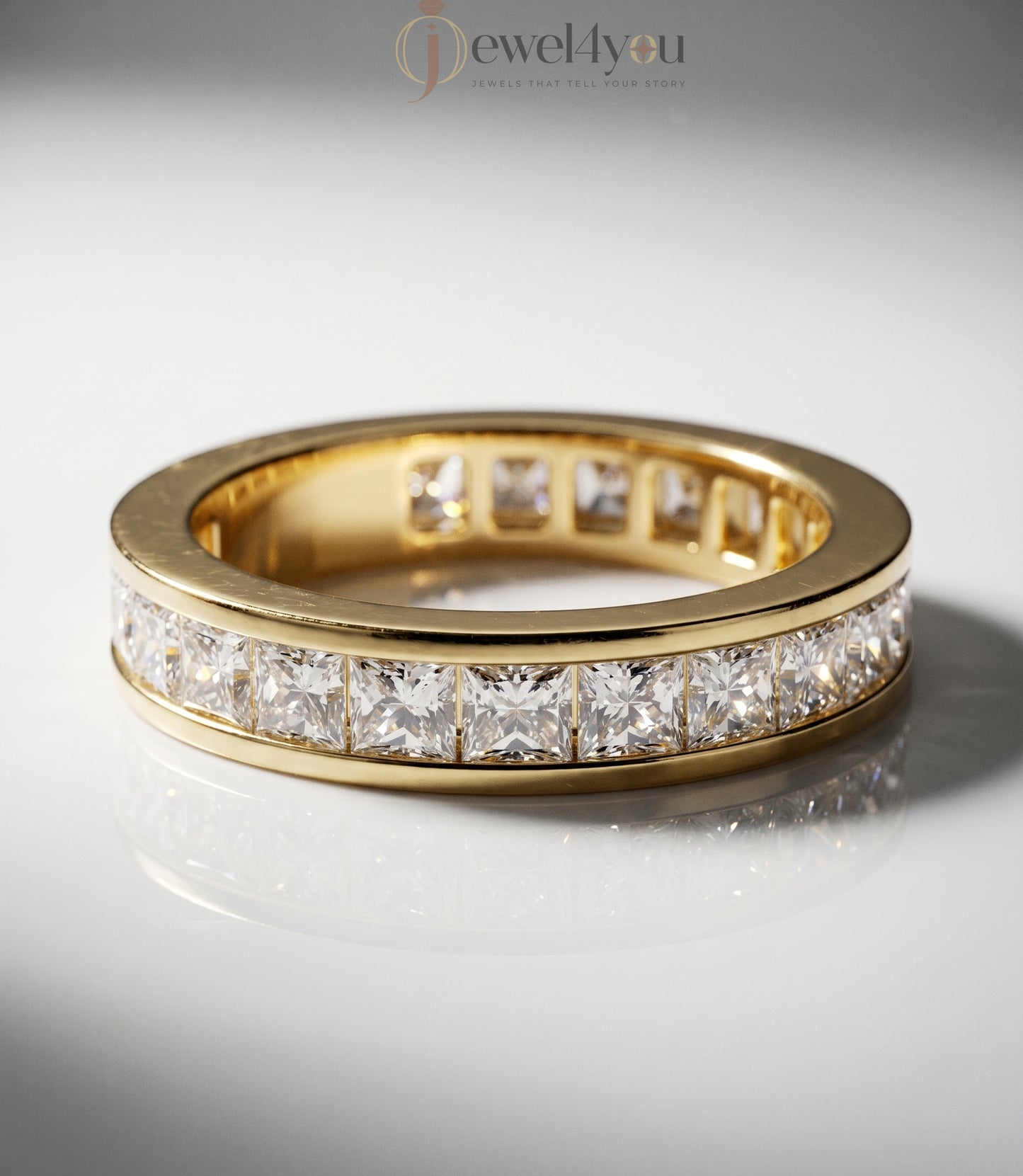 Yellow gold princess channel half eternity lab-grown diamond ring, D–F color VVS to VS+ clarity diamonds in sleek solid gold band #YELLOW GOLD