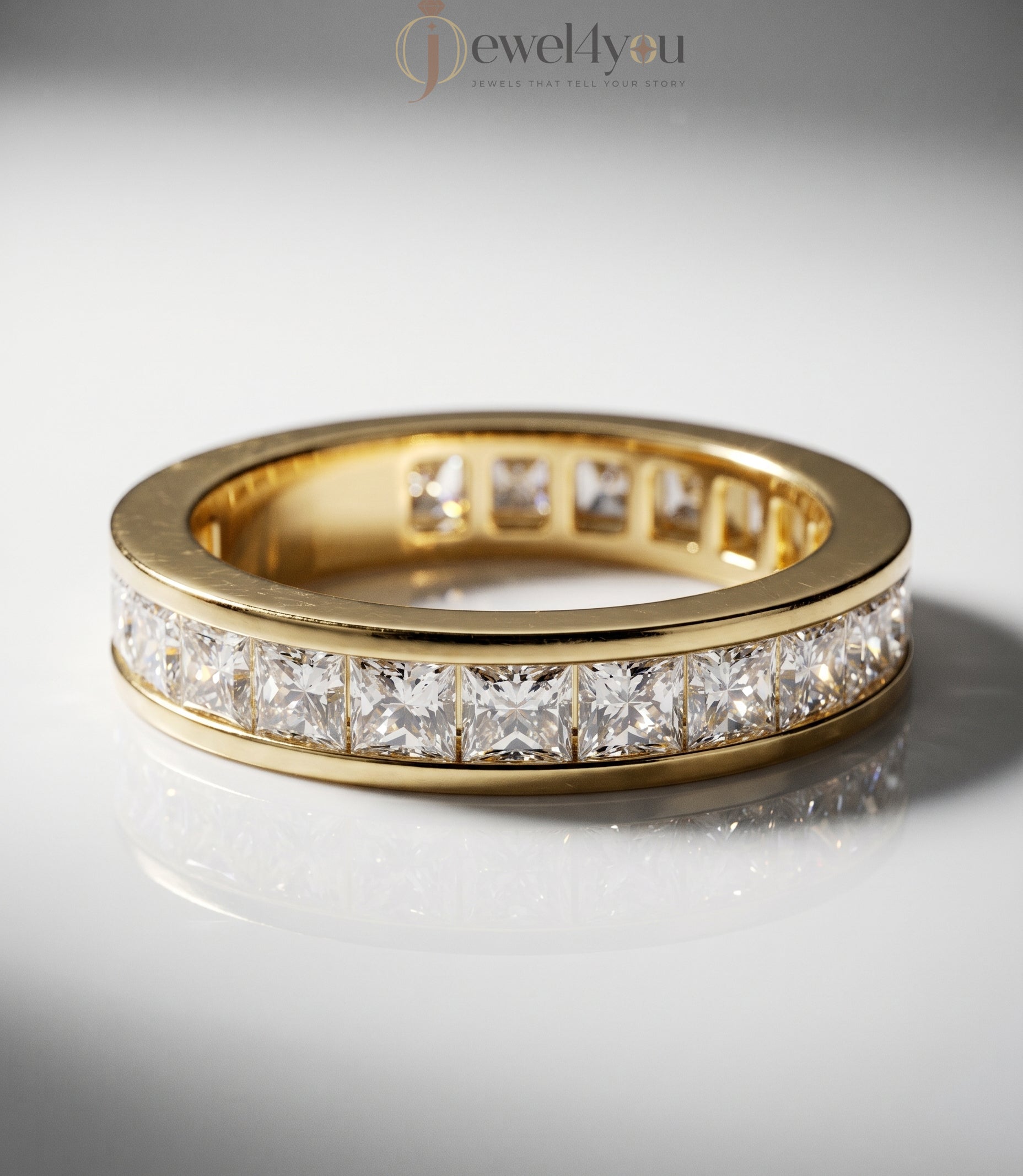 Yellow gold princess channel half eternity lab-grown diamond ring, D–F color VVS to VS+ clarity diamonds in sleek solid gold band #YELLOW GOLD