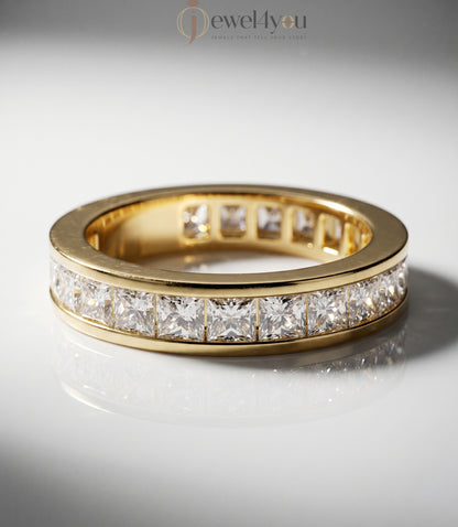 Yellow gold princess channel half eternity lab-grown diamond ring, D–F color VVS to VS+ clarity diamonds in sleek solid gold band #YELLOW GOLD