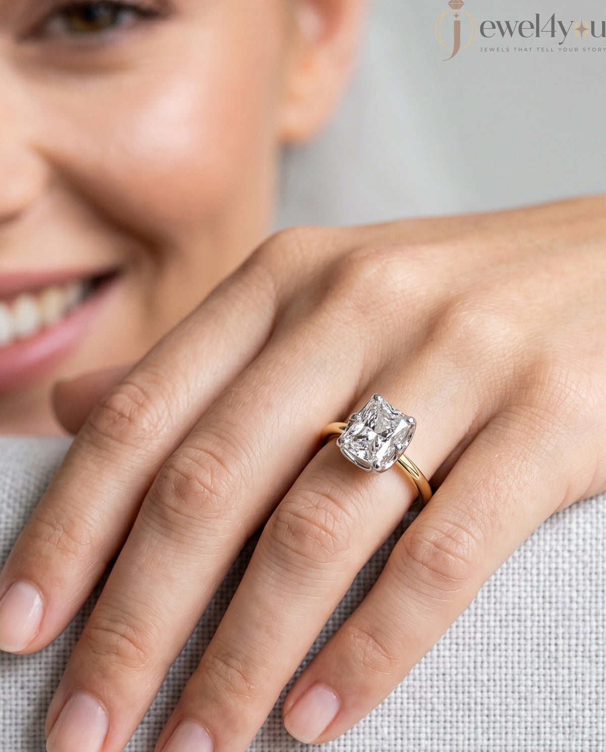 Yellow Gold band with White Gold X-gallery radiant-cut lab-grown diamond ring featuring hidden round side diamonds #YELLOW GOLD