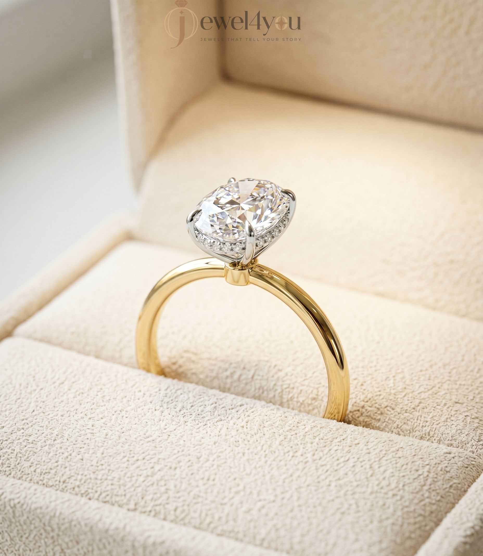 Yellow gold oval diamond engagement ring with white hidden crown setting #YELLOW GOLD