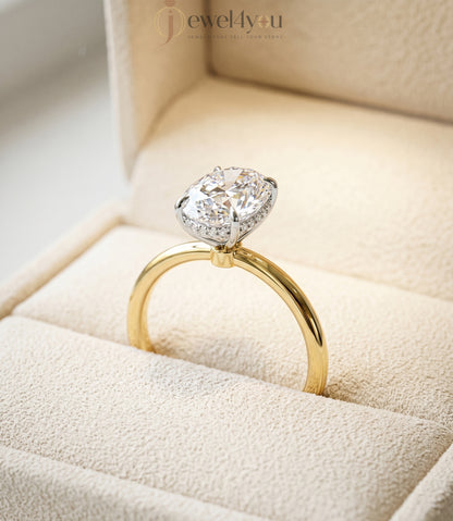 Yellow gold oval diamond engagement ring with white hidden crown setting #YELLOW GOLD