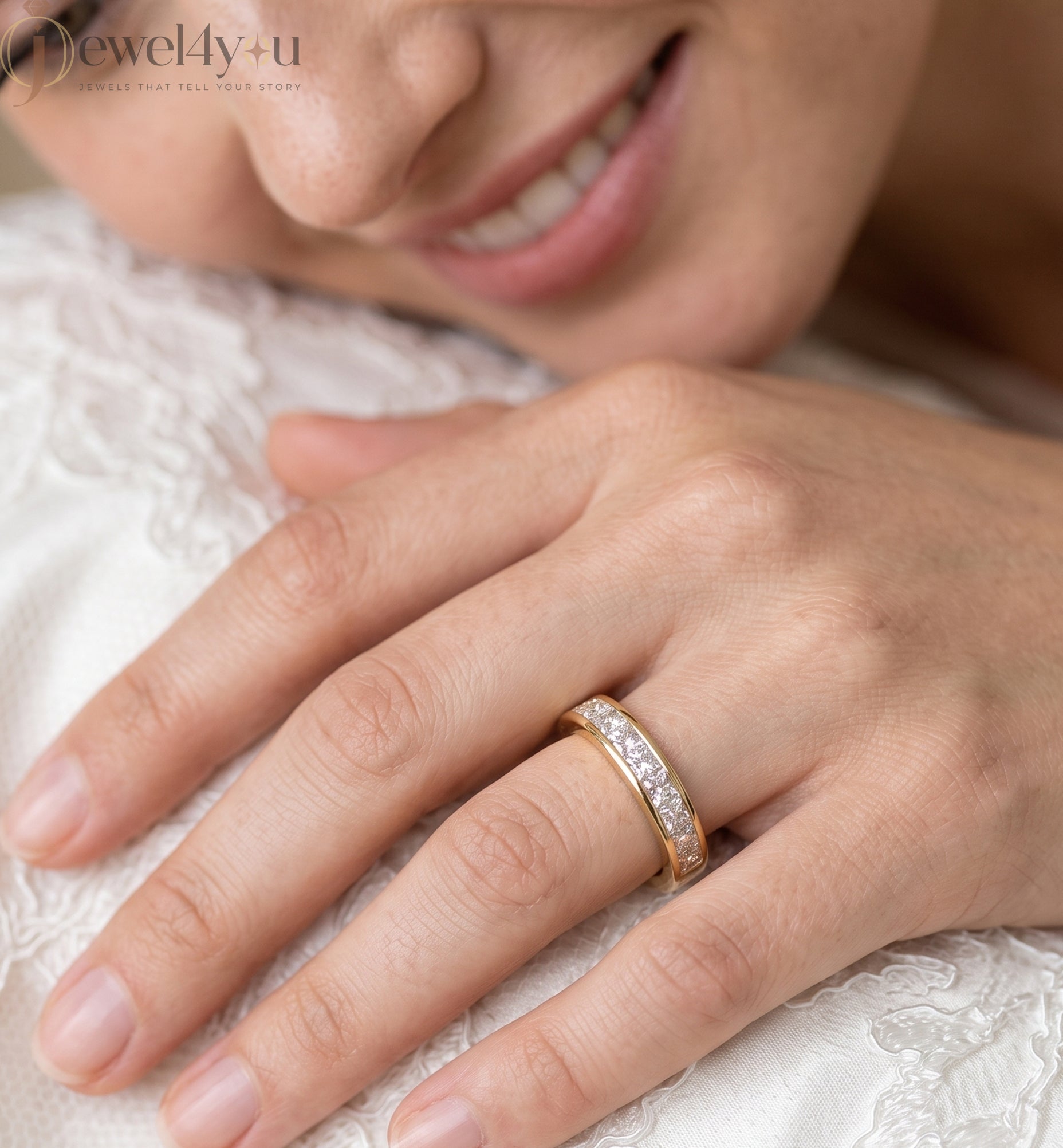 Yellow gold princess-cut lab-grown diamond half eternity band ring with sleek channel-style inset-flush setting and D–F color VVS to VS+ clarity diamonds #YELLOW GOLD