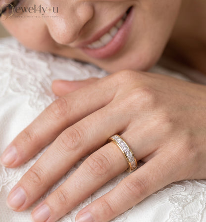 Yellow gold princess-cut lab-grown diamond half eternity band ring with sleek channel-style inset-flush setting and D–F color VVS to VS+ clarity diamonds #YELLOW GOLD