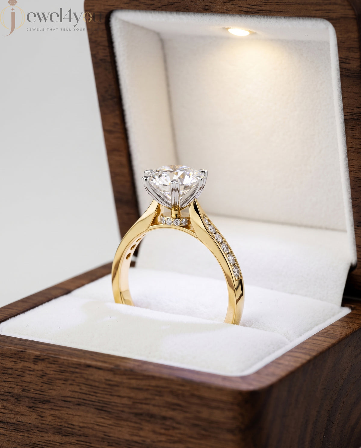 Yellow-gold pave shoulder engagement ring with round solitaire and hidden bridge diamonds #YELLOW GOLD