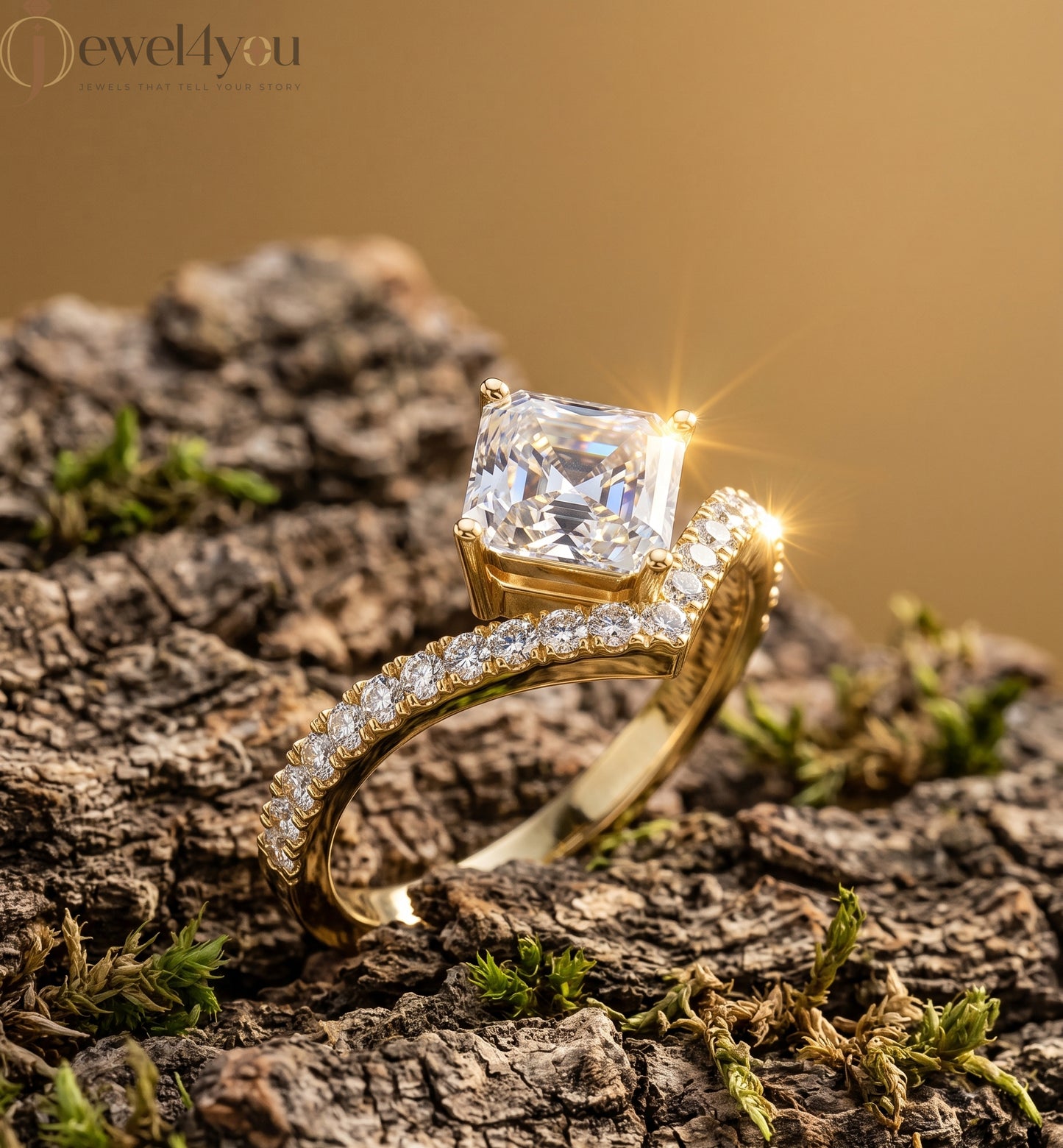 Lab-grown diamond ring with asscher-cut center, V-shaped chevron design, VVS to VS+ clarity, D–F color, Yellow Gold  #YELLOW GOLD