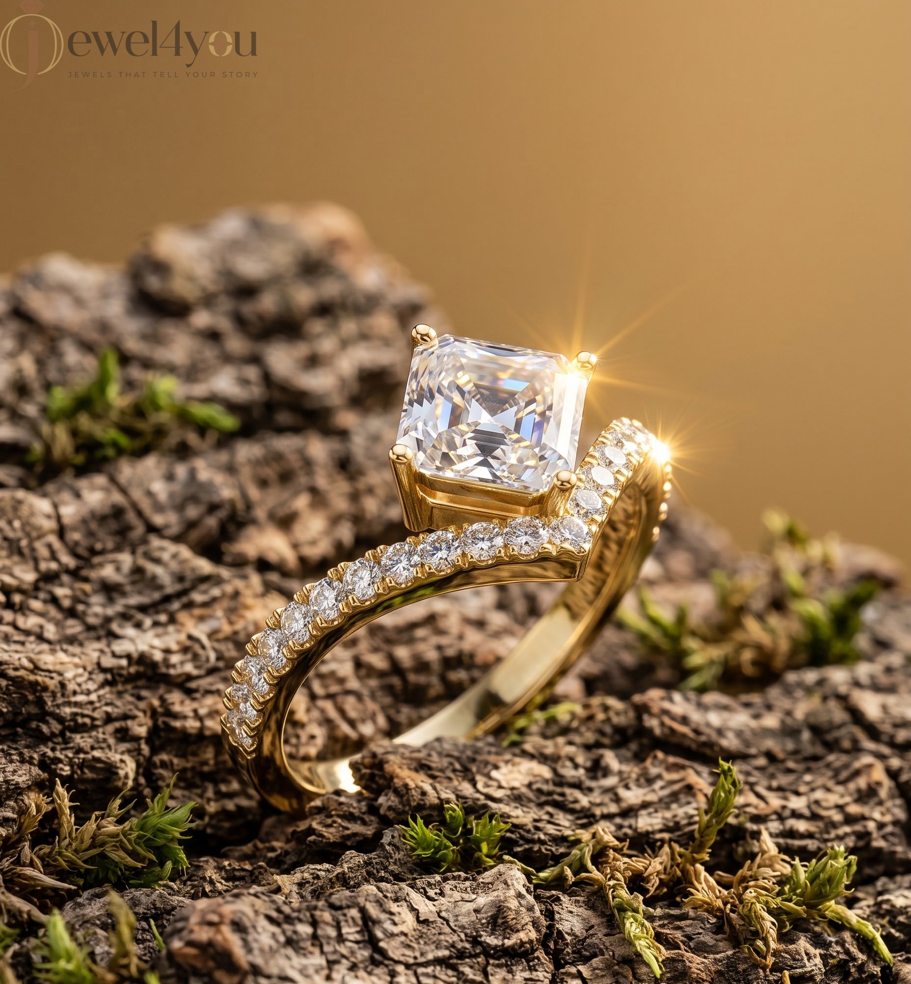 Lab-grown diamond ring with asscher-cut center, V-shaped chevron design, VVS to VS+ clarity, D–F color, Yellow Gold  #YELLOW GOLD