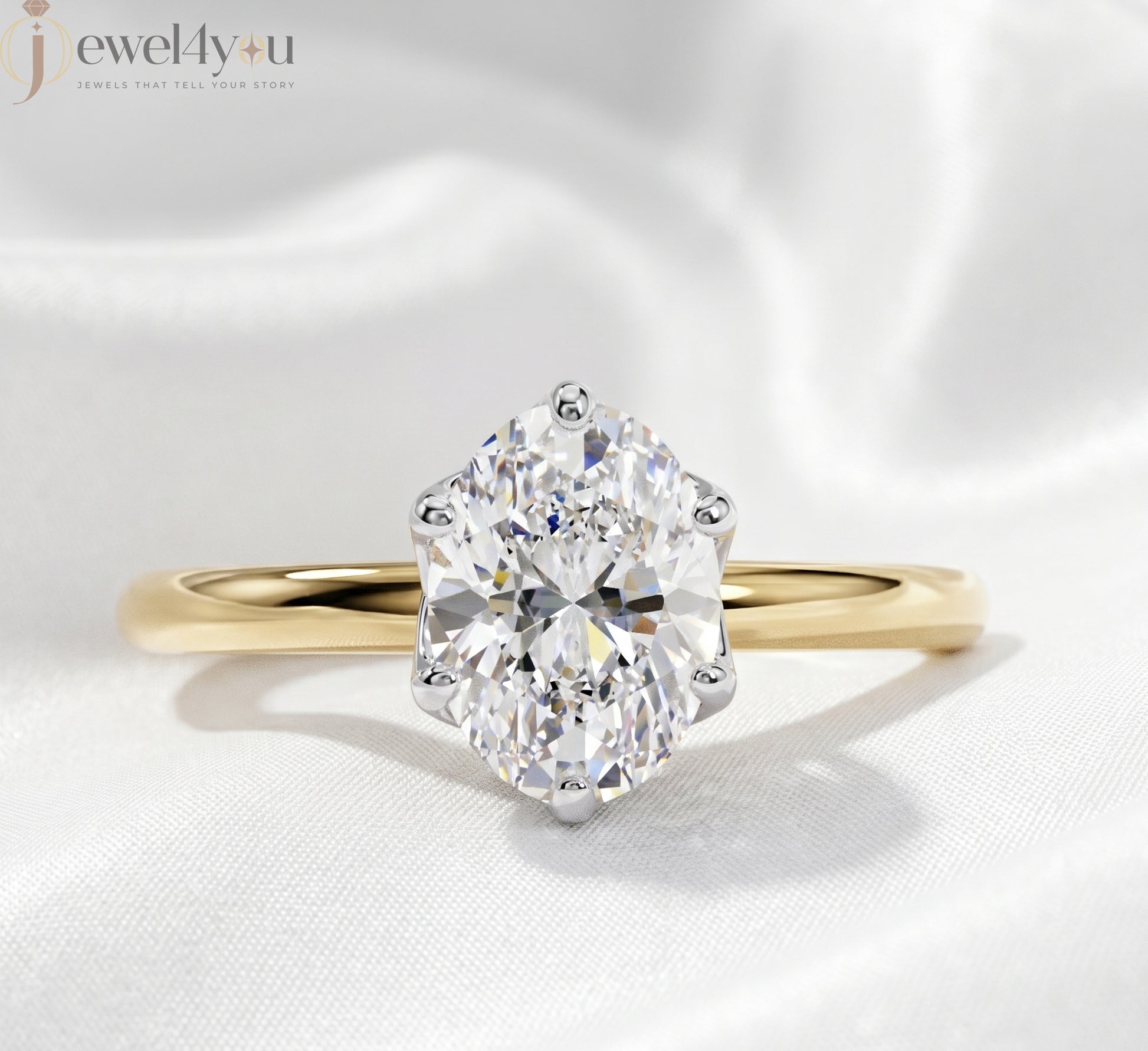 Yellow Gold lab-grown diamond ring with White Gold prong setting, showcasing brilliant oval center stone #YELLOW GOLD