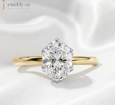Yellow Gold lab-grown diamond ring with White Gold prong setting, showcasing brilliant oval center stone #YELLOW GOLD