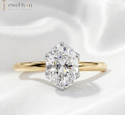 Yellow Gold lab-grown diamond ring with White Gold prong setting, showcasing brilliant oval center stone #YELLOW GOLD