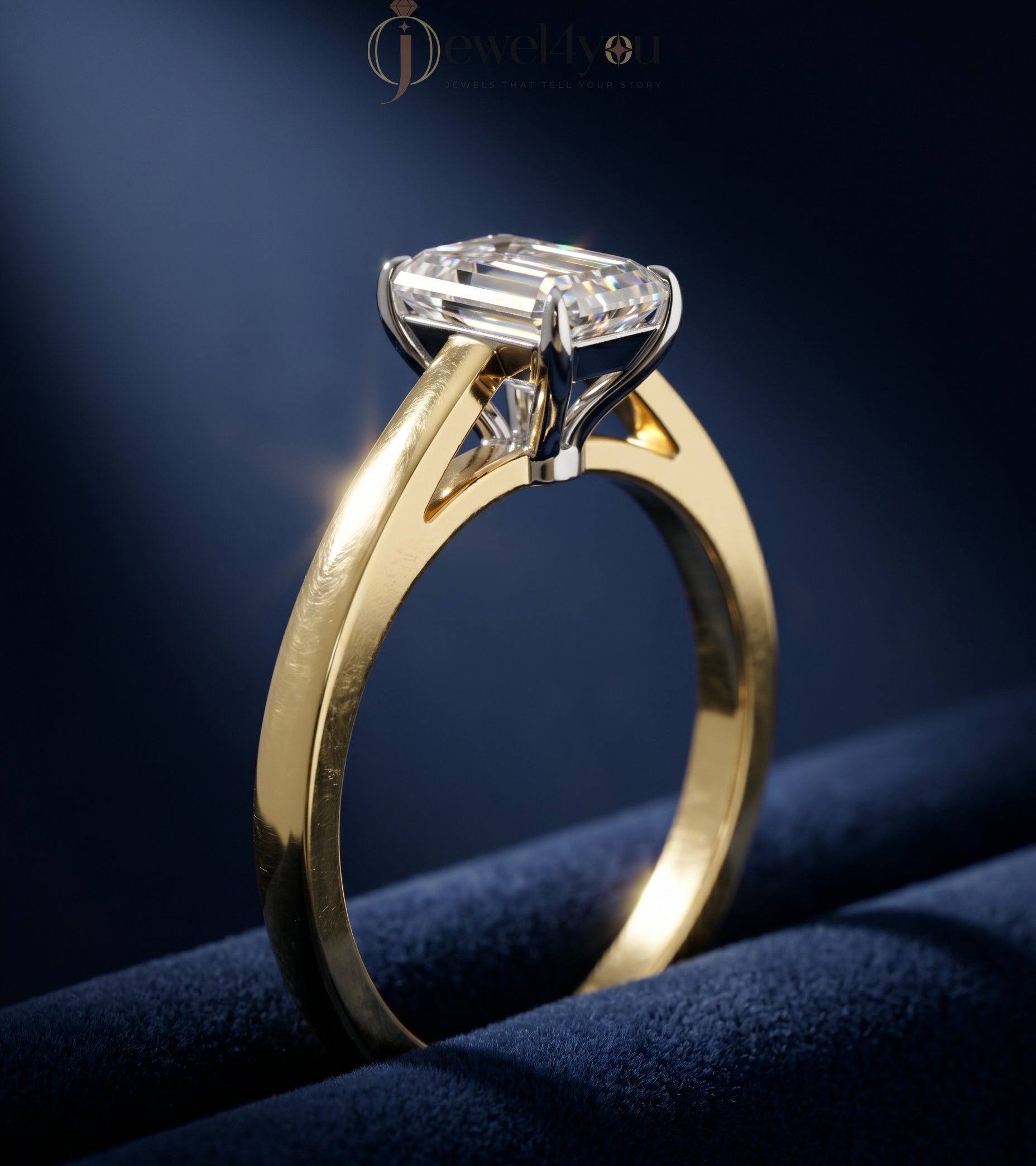 Yellow gold cathedral solitaire ring with white head and emerald-cut stone in four-prong basket #YELLOW GOLD