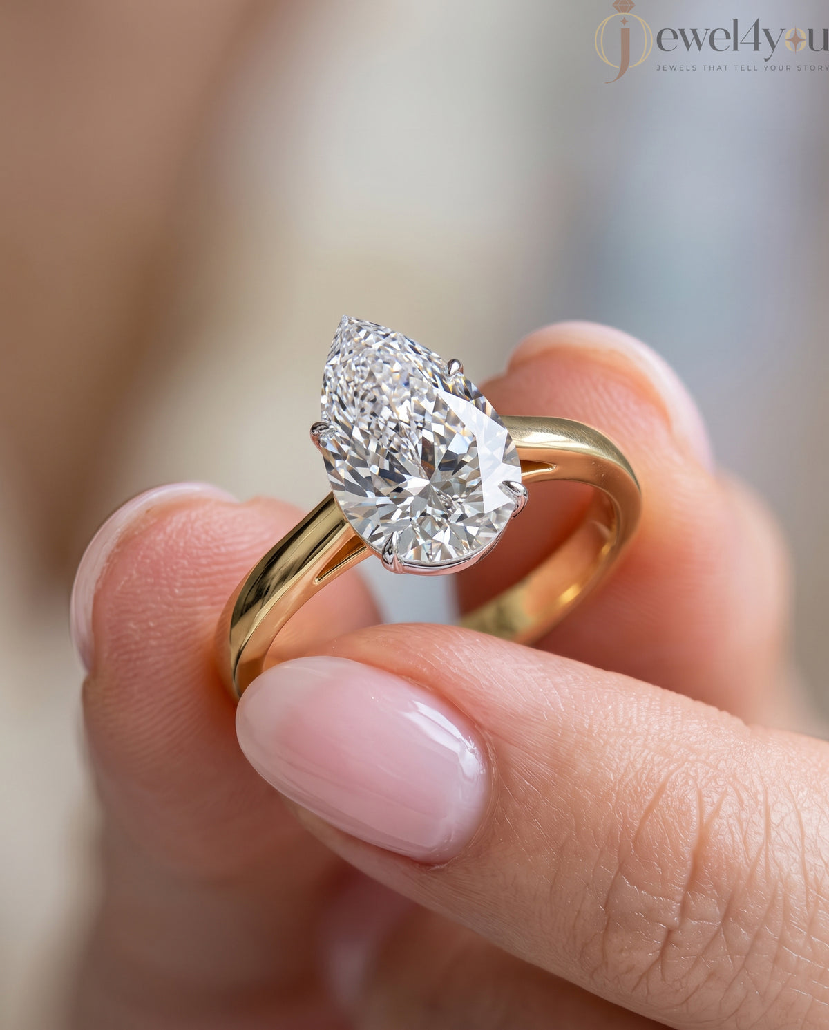 Yellow gold pear-cut solitaire engagement ring with white prong head #YELLOW GOLD