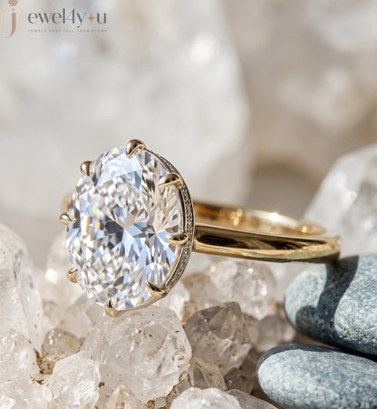 Yellow Gold solitaire oval lab-grown diamond ring with white gold crown setting and pavé hidden halo #YELLOW GOLD