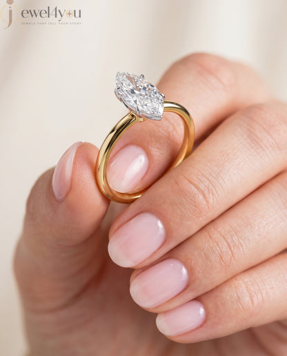 YELLOW GOLD MARQUISE -CUT LAB DIAMOND ENGAGEMENT RING WITH ELEVATED SIX-PRONG SETTING 