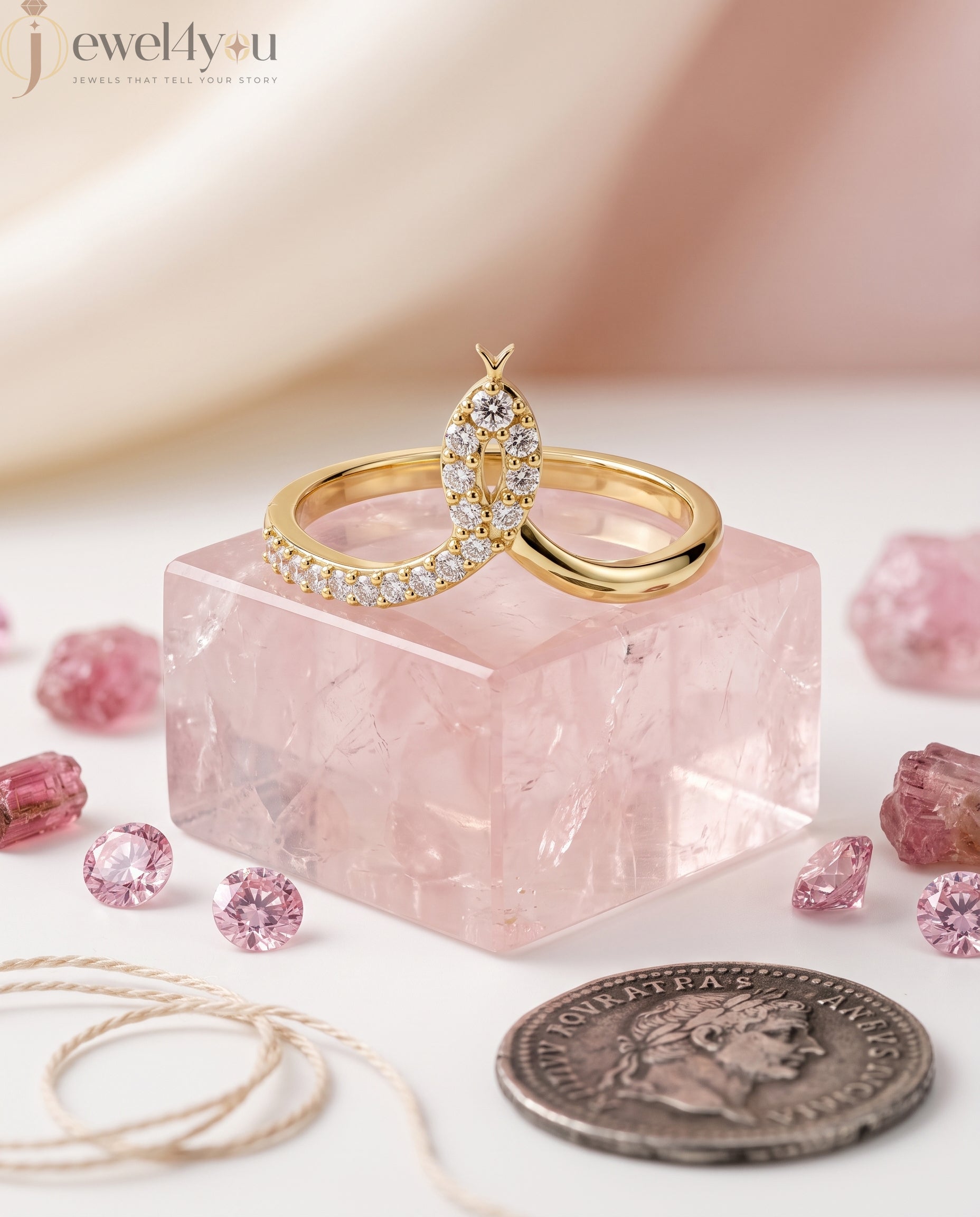 Lab-grown diamond ring front view with open elongated bypass silhouette and round diamonds, VVS to VS+ clarity, D–F color, Yellow Gold prong setting 