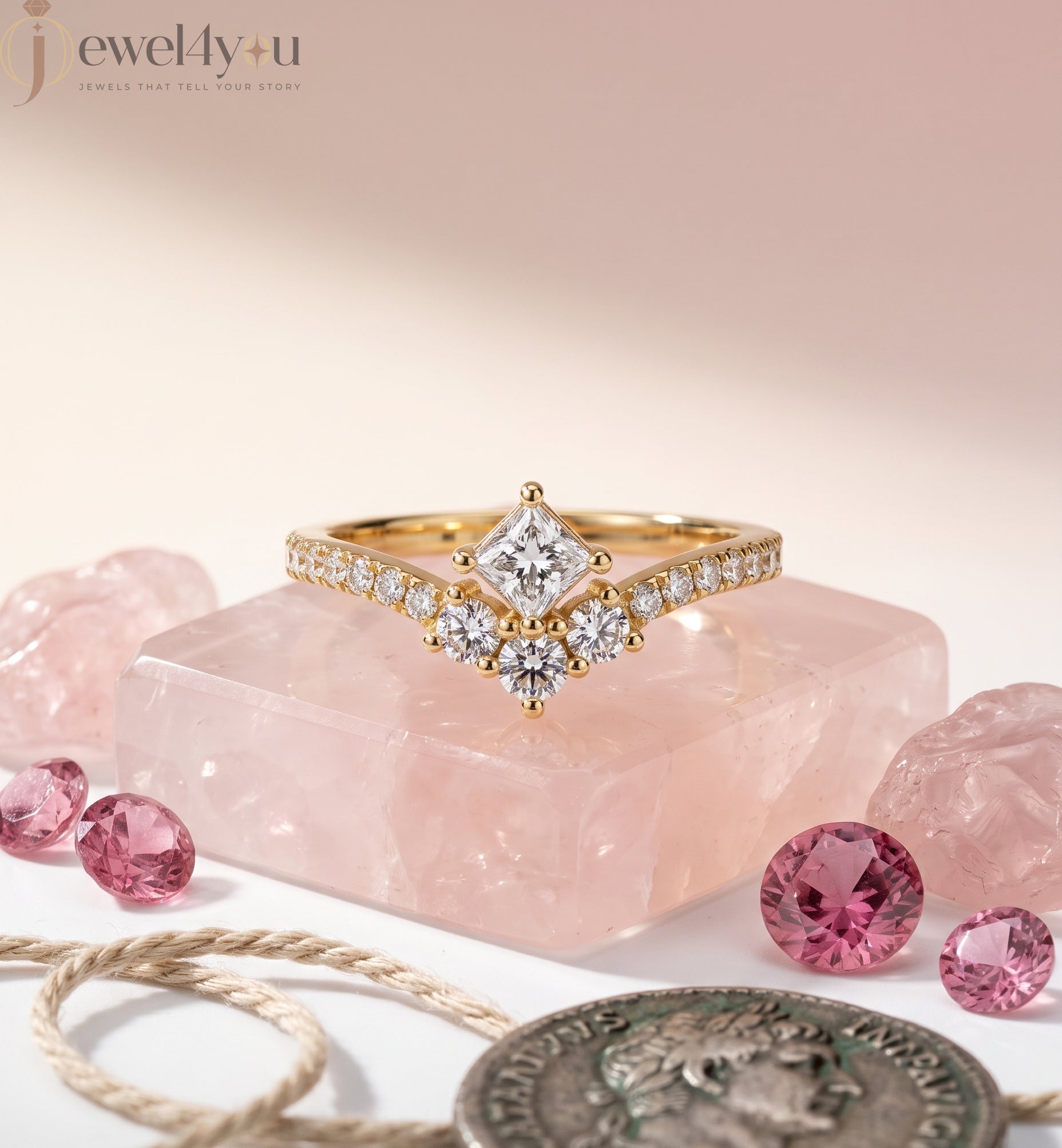 Lab-grown diamond ring with V-shaped cluster design, princess and round diamonds, VVS to VS+ clarity, D–F color, Yellow Gold #YELLOW GOLD