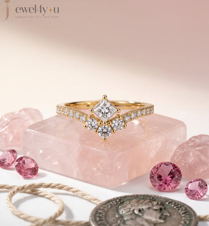 Lab-grown diamond ring with V-shaped cluster design, princess and round diamonds, VVS to VS+ clarity, D–F color, Yellow Gold #YELLOW GOLD