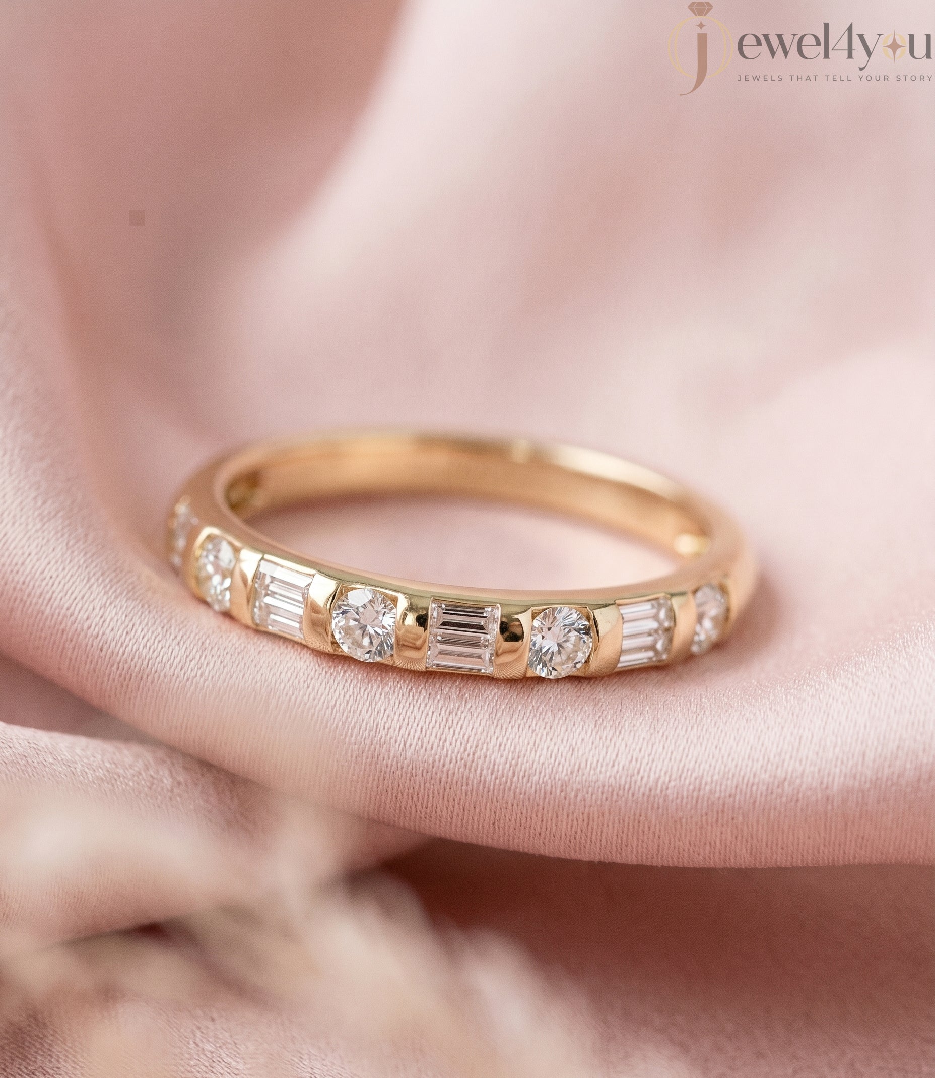Yellow gold lab-grown diamond band with modern half eternity bar setting and alternating baguette and round D–F color VVS to VS+ clarity diamonds #YELLOW GOLD