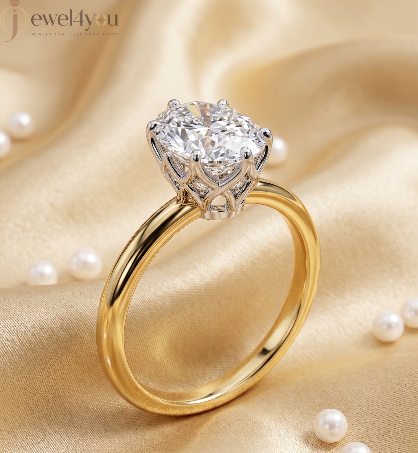 Yellow Gold lab-grown diamond ring with White Gold prong setting, showcasing brilliant oval center stone #YELLOW GOLD