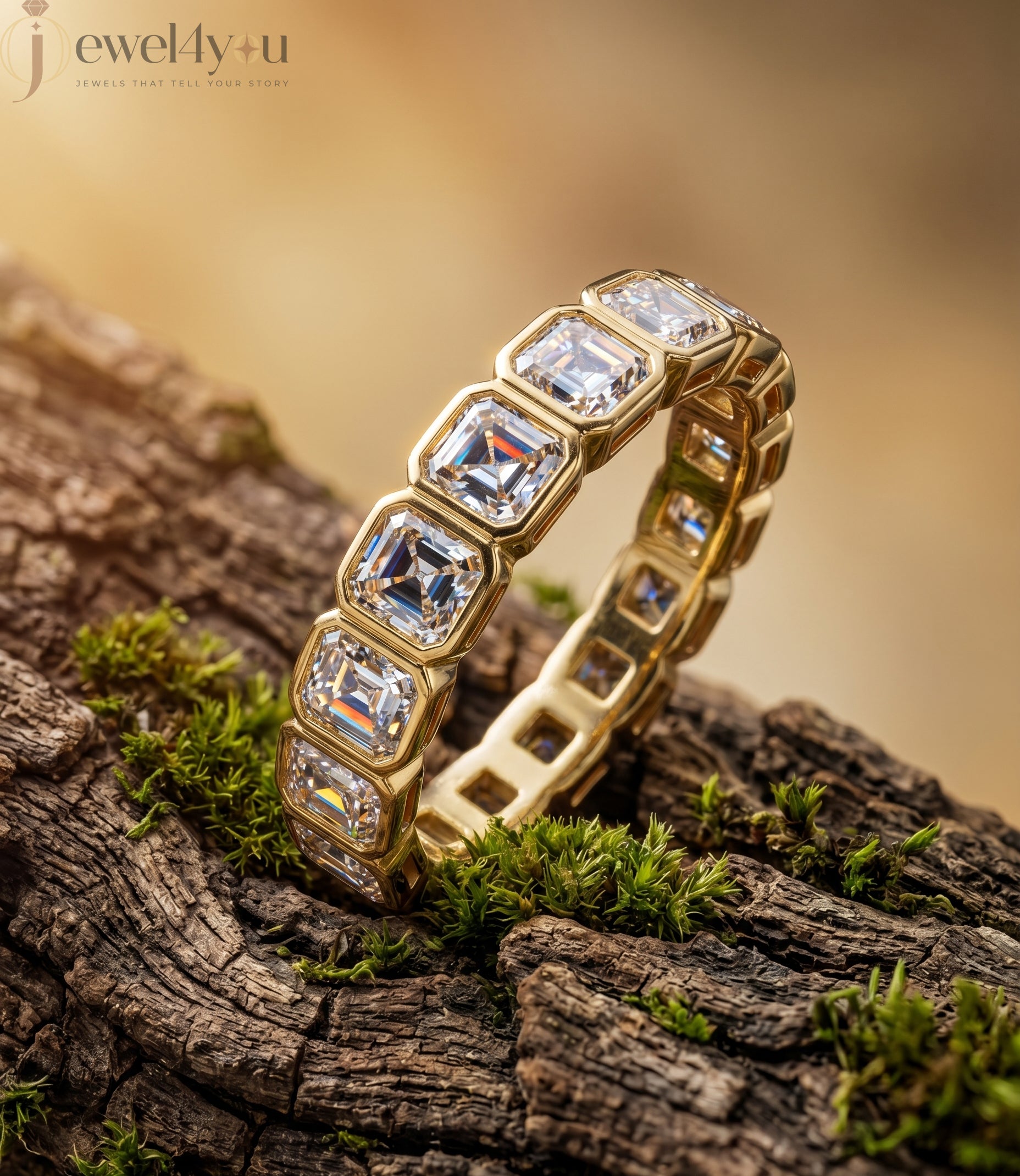 Yellow gold emerald-cut lab-grown diamond eternity band featuring bezel-set VVS to VS+ clarity D–F color diamonds around entire ring #YELLOW GOLD
