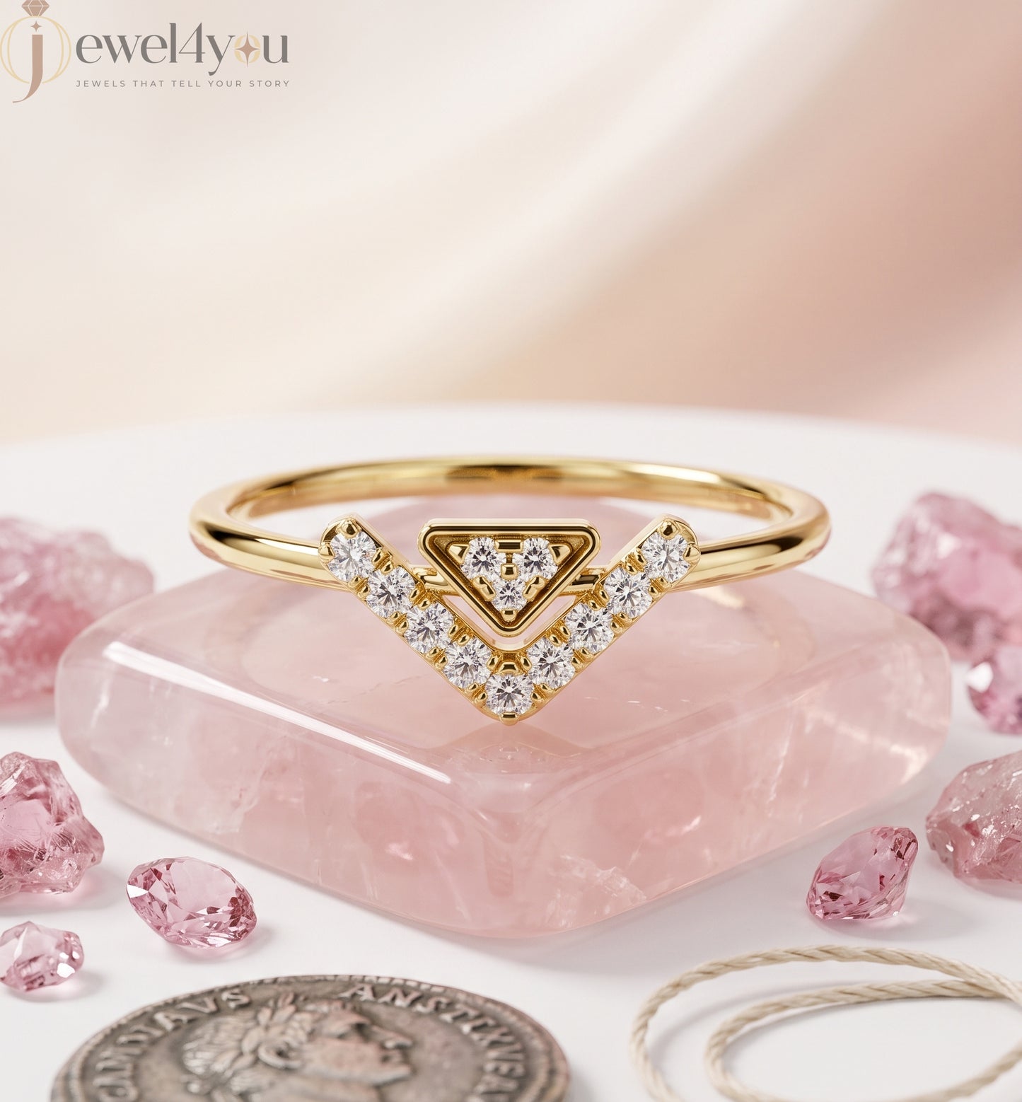 Lab-grown diamond ring with split-style chevron band and floating triangle design, round diamonds, VVS to VS+ clarity, D–F color, Yellow Gold #YELLOW GOLD
