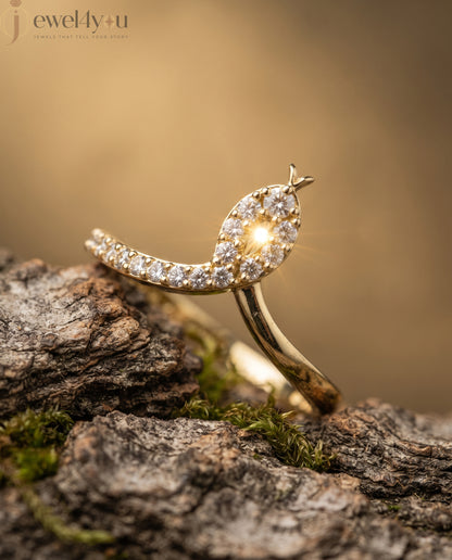Lab-grown diamond ring front view with open elongated bypass silhouette and round diamonds, VVS to VS+ clarity, D–F color, Yellow Gold prong setting 