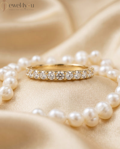 Yellow gold lab-grown diamond ring featuring half eternity prong-set D–F color, VVS clarity diamonds #YELLOW GOLD