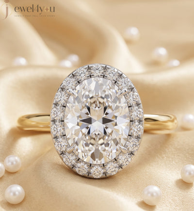 YELLOW GOLD WITH OVAL CENTER AND ROUND HALO 