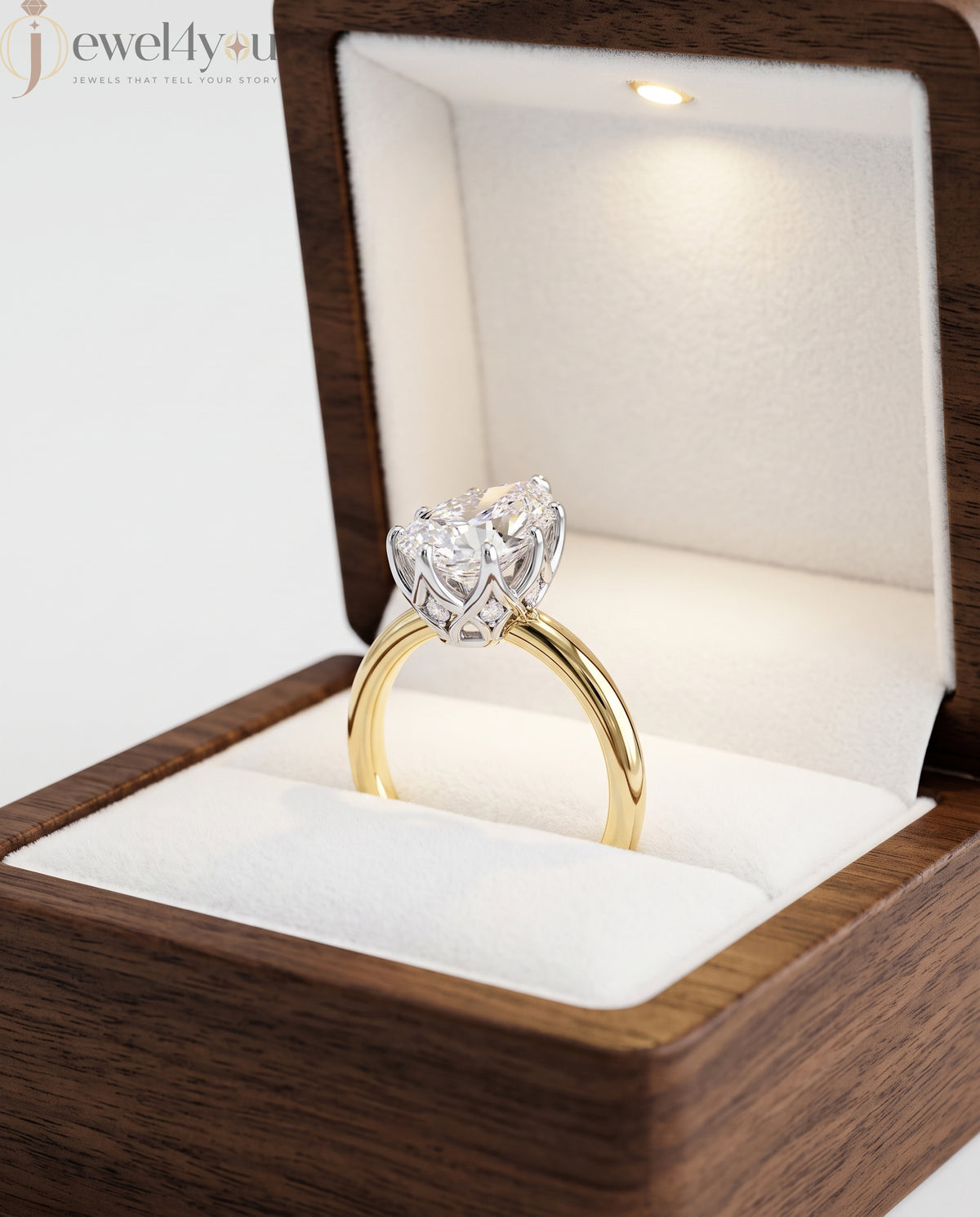 Yellow Gold solitaire lab-grown diamond ring with pear center and white gold lotus crown gallery #YELLOW GOLD