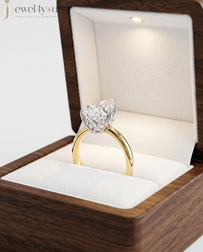 Yellow Gold solitaire lab-grown diamond ring with pear center and white gold lotus crown gallery #YELLOW GOLD