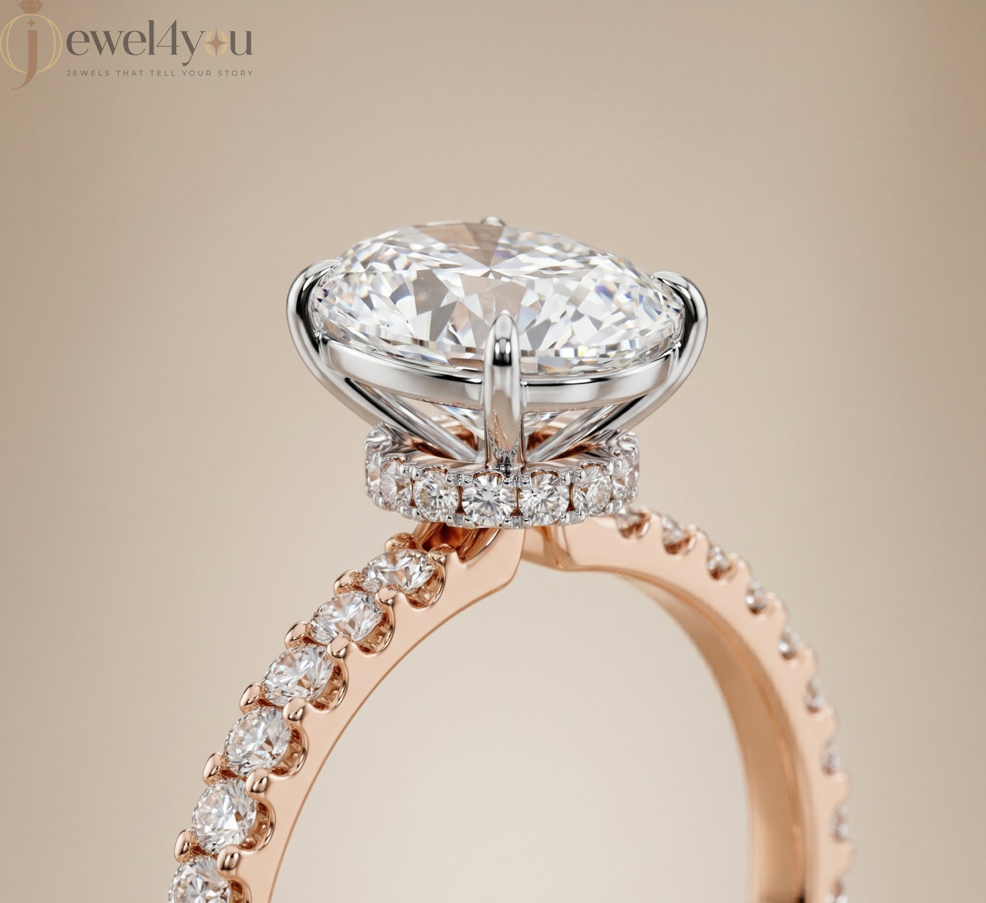 OVAL-CUT LAB-GROWN DIAMOND RING WITH ROUND-ACCENT BAND IN ROSE GOLD 