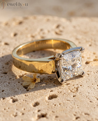 Yellow gold princess-cut solitaire ring with quad corner prongs 