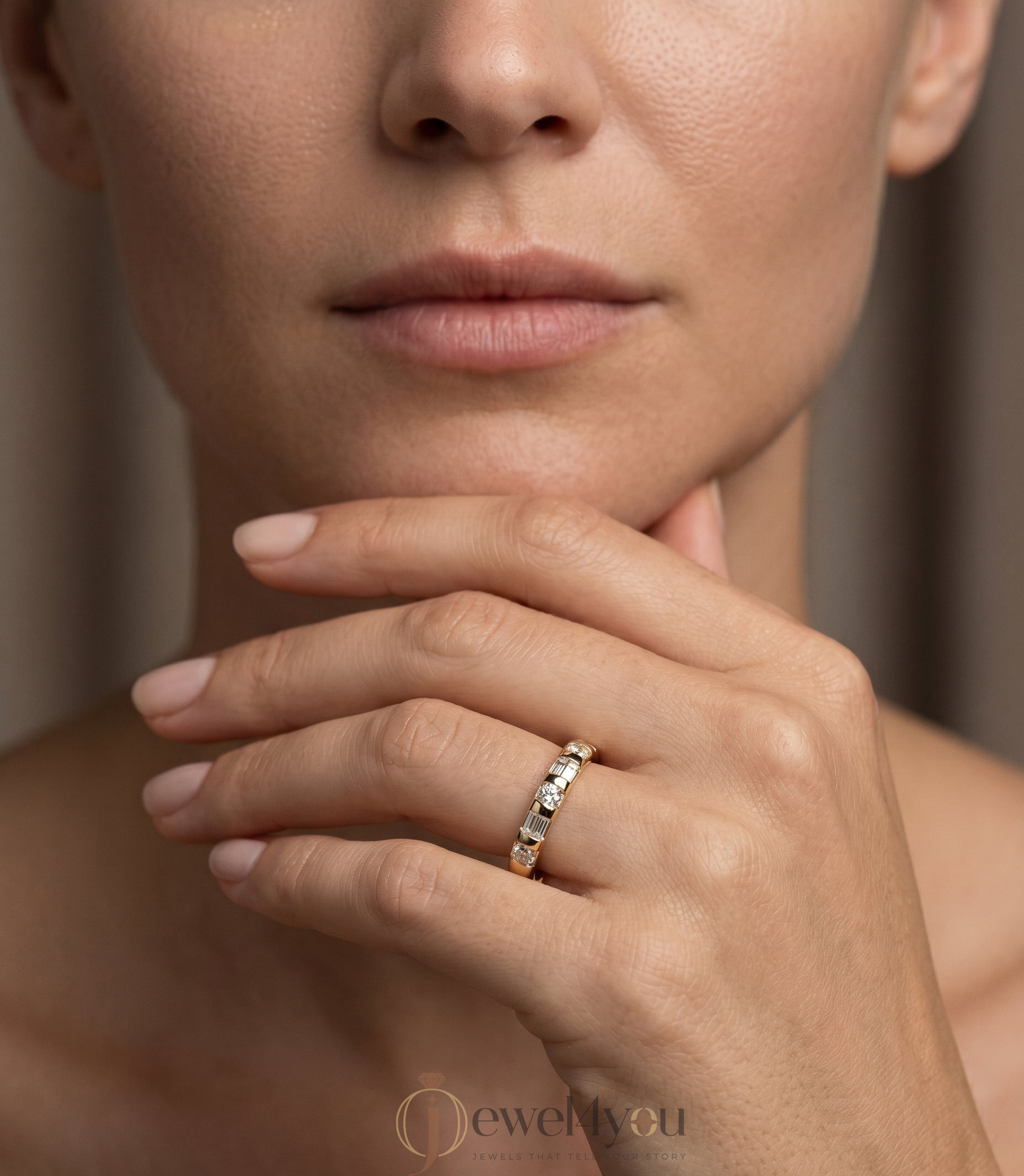 Yellow gold lab-grown diamond band with modern half eternity bar setting and alternating baguette and round D–F color VVS to VS+ clarity diamonds #YELLOW GOLD