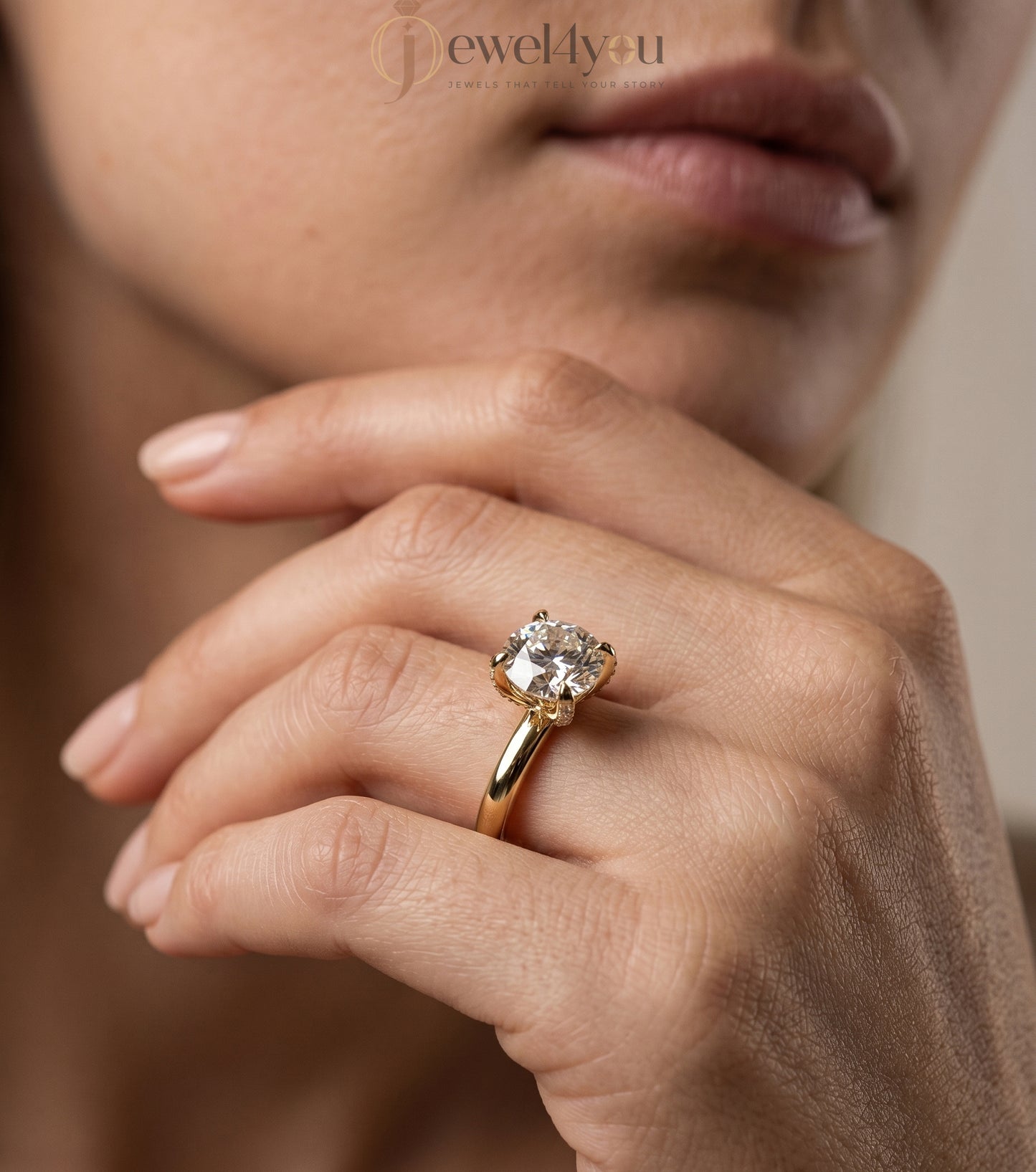 Yellow gold round solitaire ring with four prongs and hidden pave basket #YELLOW GOLD