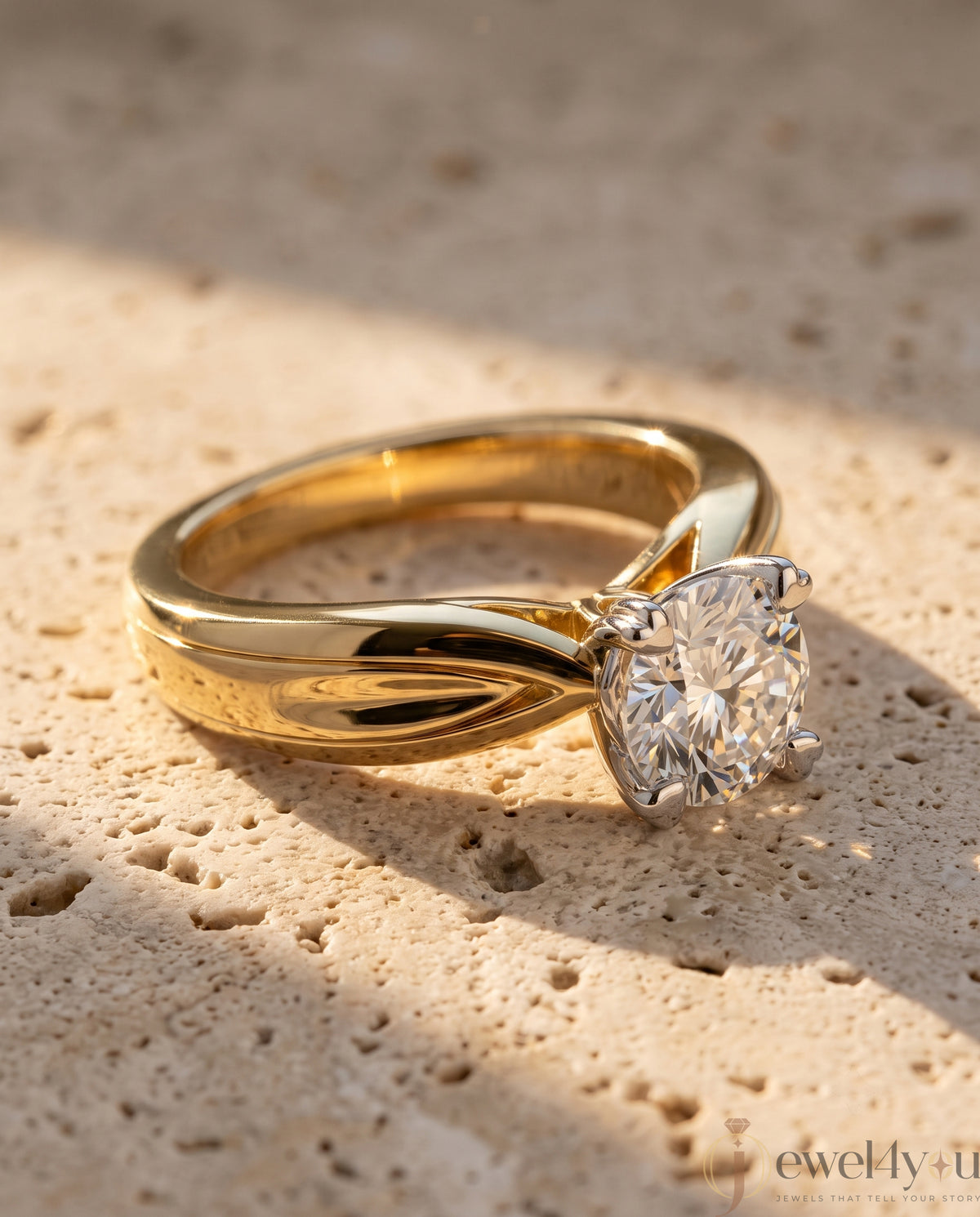 Yellow Gold engagement lab-grown ring with round solitaire and White Gold heart-prong setting, VVS clarity D–F color diamond #YELLOW GOLD