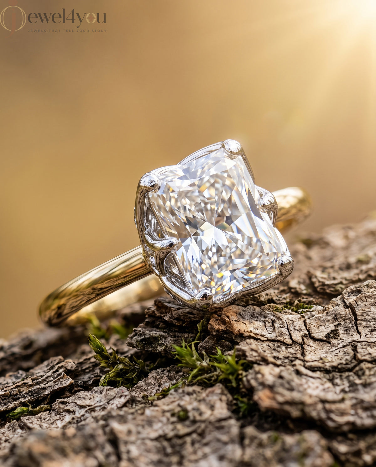 Yellow Gold band with White Gold X-gallery radiant-cut lab-grown diamond ring featuring hidden round side diamonds #YELLOW GOLD