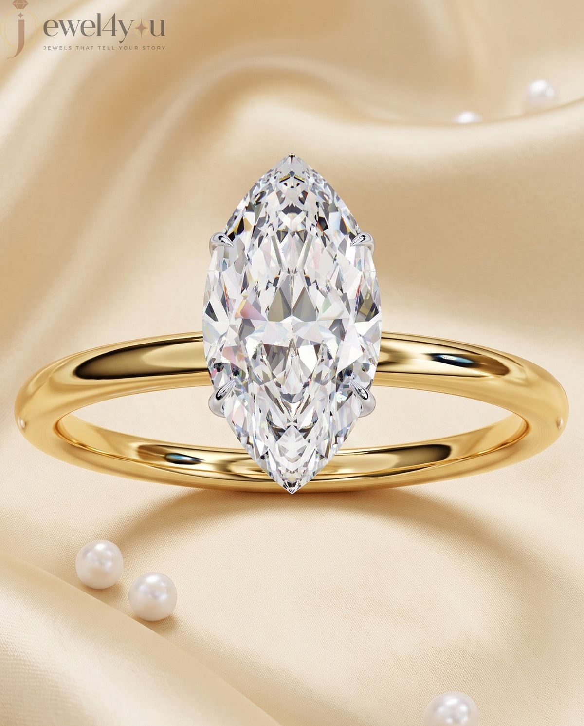 YELLOW GOLD MARQUISE -CUT LAB DIAMOND ENGAGEMENT RING WITH ELEVATED SIX-PRONG SETTING 