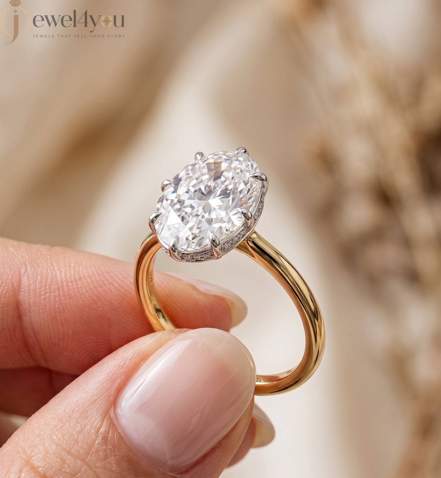 Yellow Gold solitaire oval lab-grown diamond ring with white gold crown setting and pavé hidden halo #YELLOW GOLD