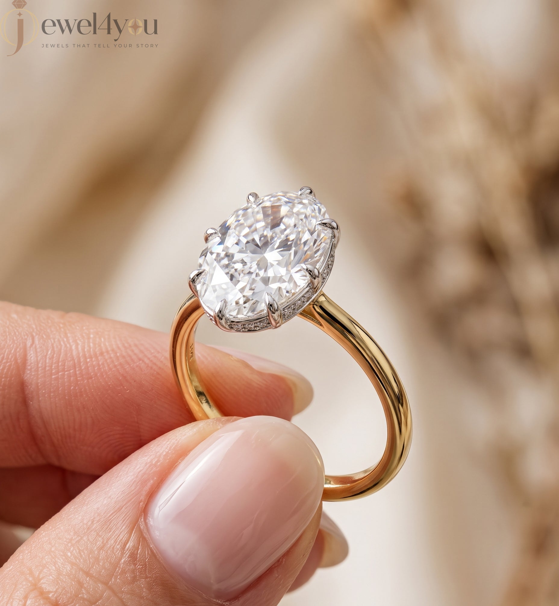 Yellow Gold solitaire oval lab-grown diamond ring with white gold crown setting and pavé hidden halo #YELLOW GOLD