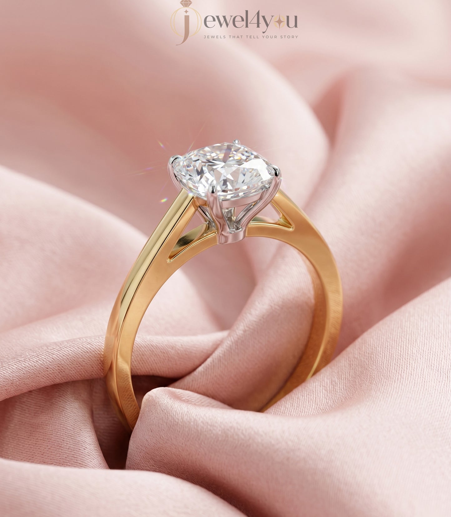 Yellow gold cushion diamond solitaire ring with white gold cathedral basket setting #YELLOW GOLD