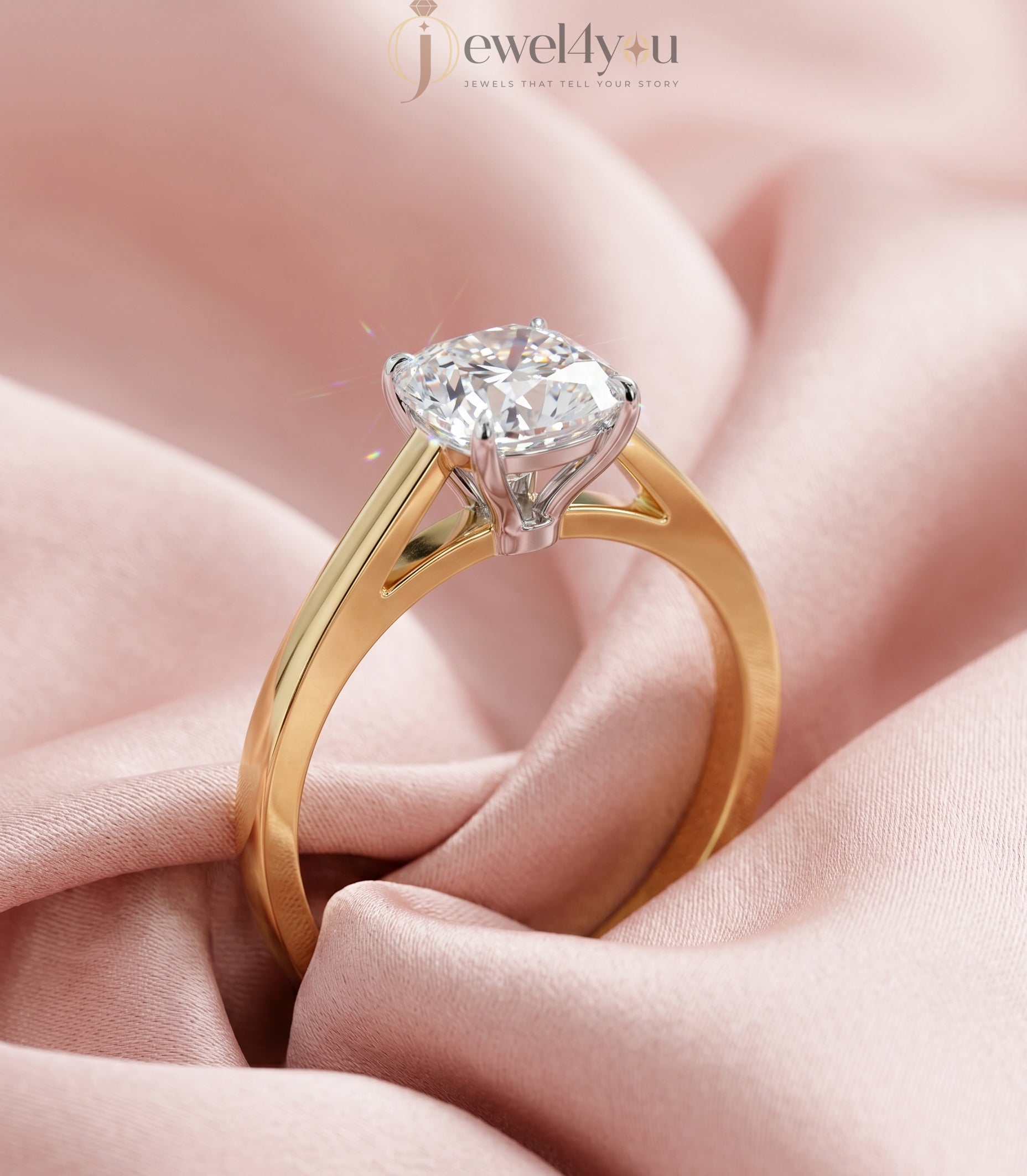 Yellow gold cushion diamond solitaire ring with white gold cathedral basket setting #YELLOW GOLD