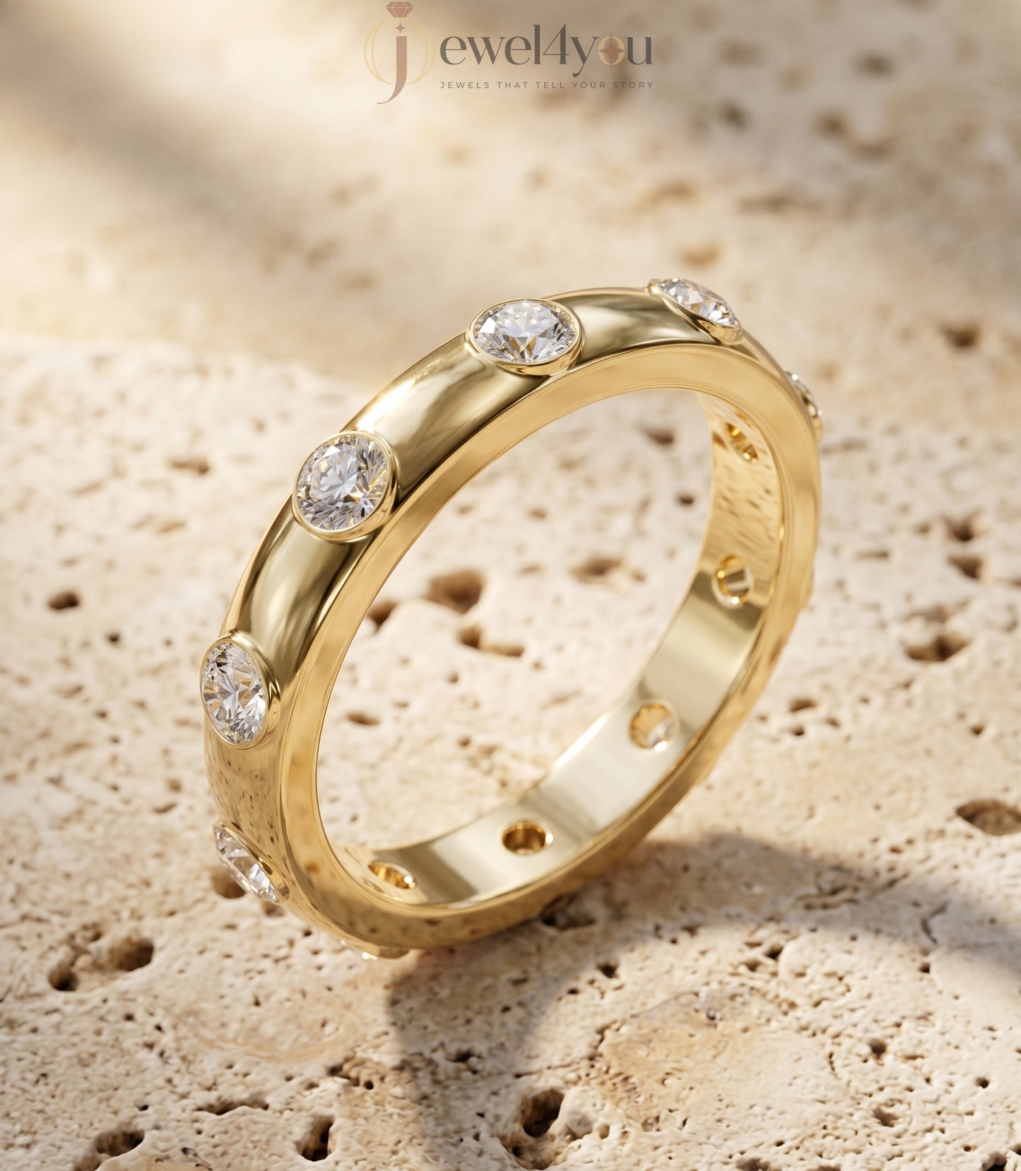 Yellow gold bezel lab-grown diamond ring band showcasing evenly spaced round D–F color VVS to VS+ clarity diamonds #YELLOW GOLD
