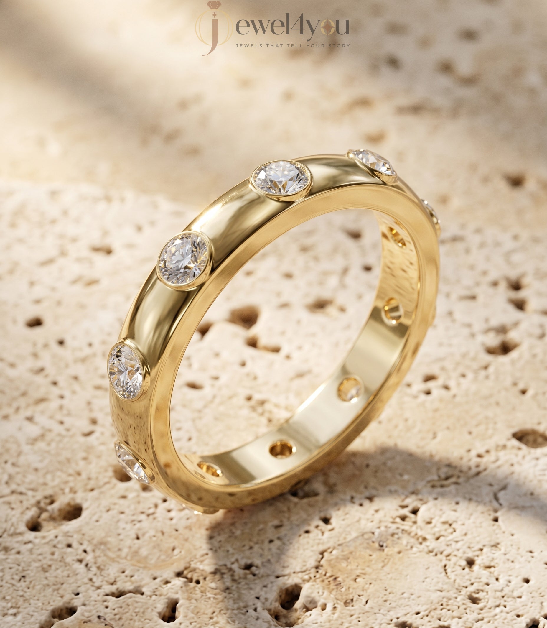 Yellow gold bezel lab-grown diamond ring band showcasing evenly spaced round D–F color VVS to VS+ clarity diamonds #YELLOW GOLD