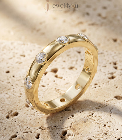 Yellow gold bezel lab-grown diamond ring band showcasing evenly spaced round D–F color VVS to VS+ clarity diamonds #YELLOW GOLD