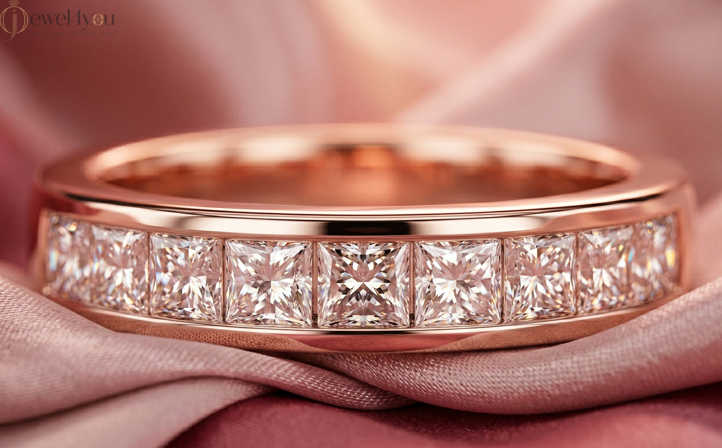 Princess-cut lab-grown diamond ring with inset-flush band design, D–F color VVS to VS+ diamonds in polished rose gold #ROSE GOLD