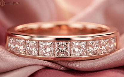 Princess-cut lab-grown diamond ring with inset-flush band design, D–F color VVS to VS+ diamonds in polished rose gold #ROSE GOLD