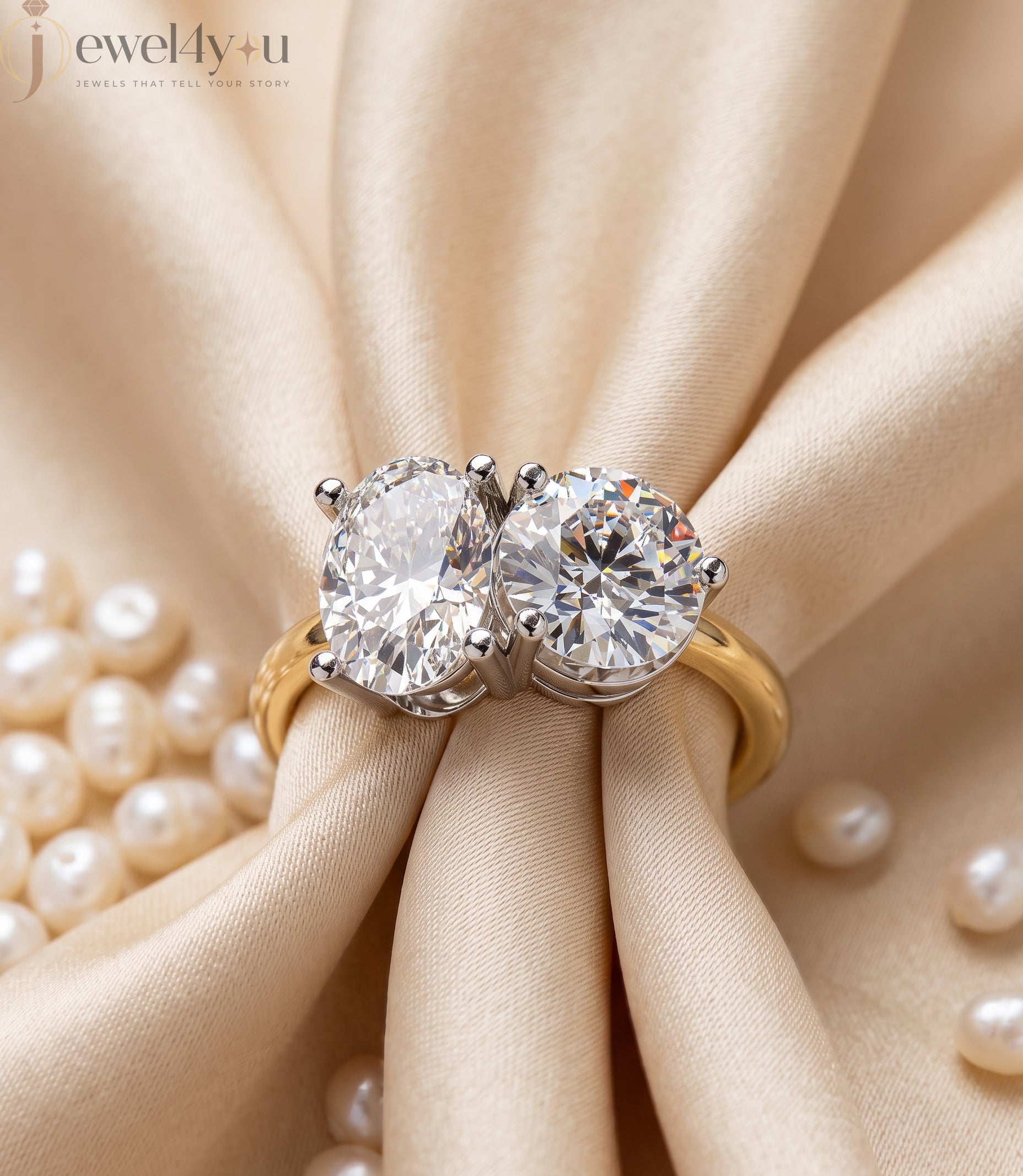 YELLOW GOLD DUAL DIAMOND ENGAGEMENT RING WITH ROUND AND OVAL CUT DIAMONDS 