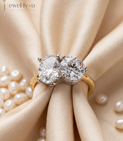 YELLOW GOLD DUAL DIAMOND ENGAGEMENT RING WITH ROUND AND OVAL CUT DIAMONDS 